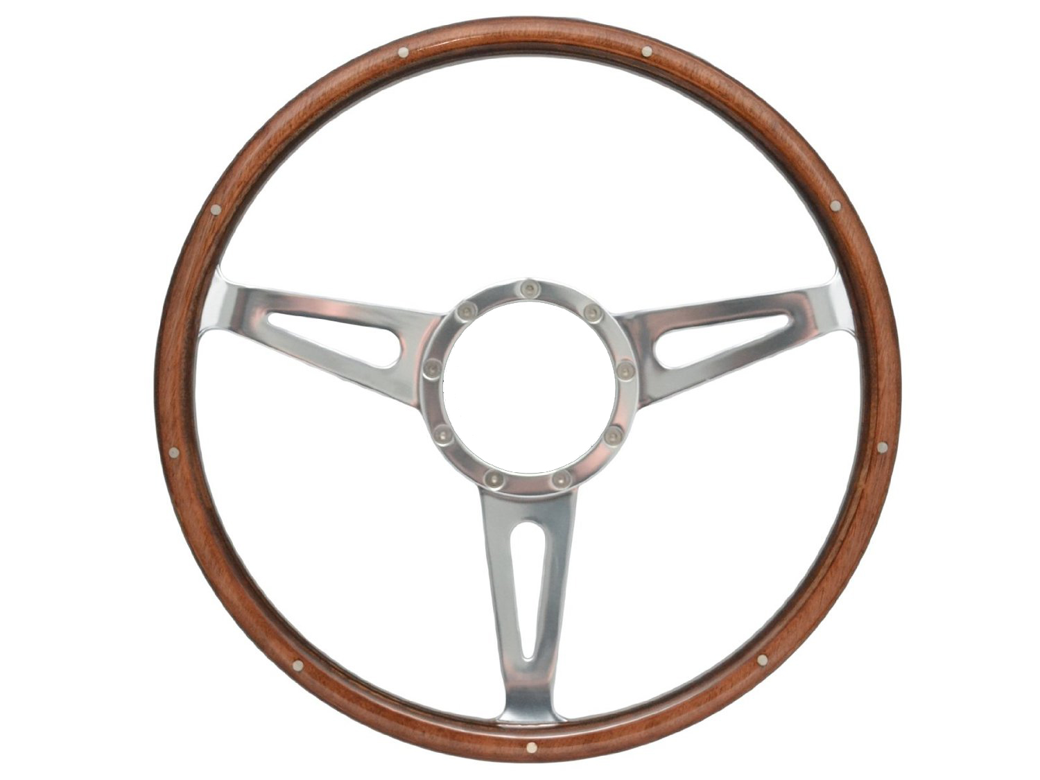 15" WOOD 3 SPOKE CHROME STEERING WHEEL - 9 BOLT CENTER (image for) 15" WOOD 3 SPOKE CHROME STEERING WHEEL - 9 BOLT CENTER