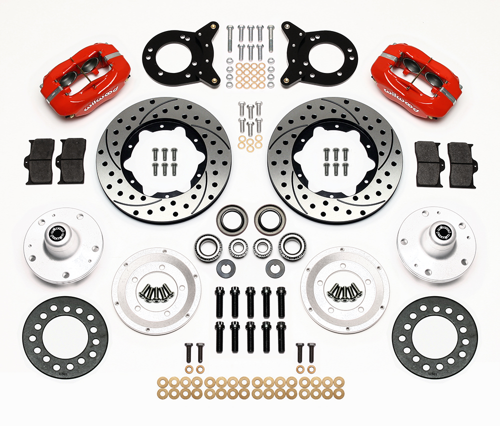 67 FRONT DISC BRAKE KIT, 11" ROTOR, RED CALIPERS, DRILLED AND SL (image for) 67 FRONT DISC BRAKE KIT, 11" ROTOR, RED CALIPERS, DRILLED AND SL