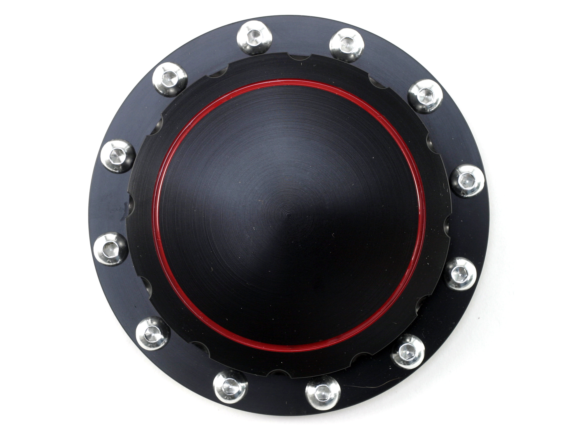 64-73 "RESTO MOD" SOLID BLACK W/RED RING BILLET ALUMINUM GAS CAP (image for) 64-73 "RESTO MOD" SOLID BLACK W/RED RING BILLET ALUMINUM GAS CAP