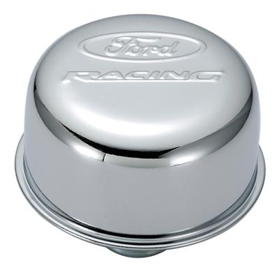 OIL BREATHER, PUSH-IN, ROUND, STEEL, CHROME, FORD RACING LOGO